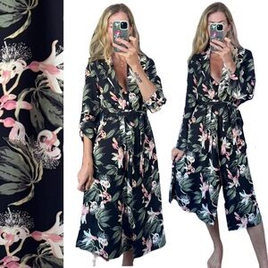 Babaton Aritzia Black Tropical Botanical Floral Boho Khalo Robe Belted Jacket